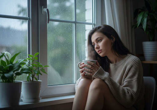 A pensive young woman sits by a window on a gloomy day, holding a warm mug and gazing out, conveying a sense of quiet contemplation or melancholy.