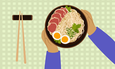 Chinese or Korean ramen noodles with bacon and egg. Asian cuisine. Delicious Japanese food. Top view