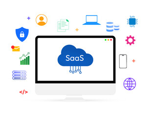 Secured Software as a service cloud on the computer screen with colorful floating shapes. Modern tech, futuristic, system, saas software illustration design