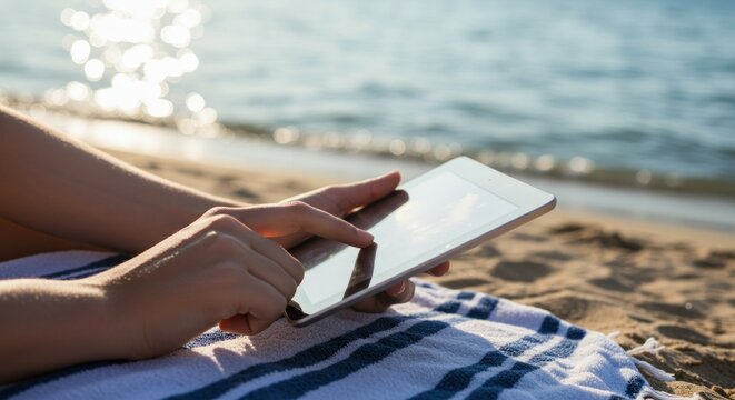 Hands using tablet on beach towel - Powered by Adobe