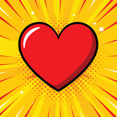 comic-style heart icon with halftone and starburst lines on yellow background