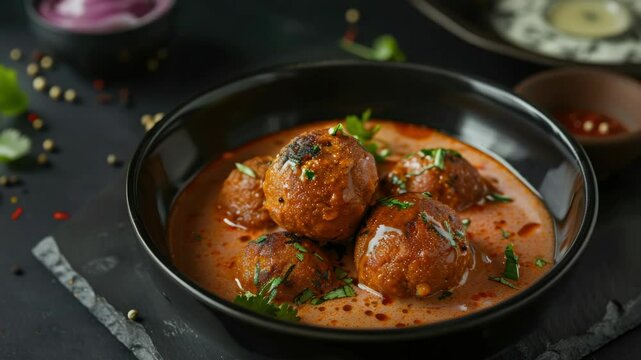 A tasty-looking vegetarian curry with meatballs, served in a black bowl on a wooden table. The sauce appears spicy and flavorful, likely including cumin and garlic as key ingredients.