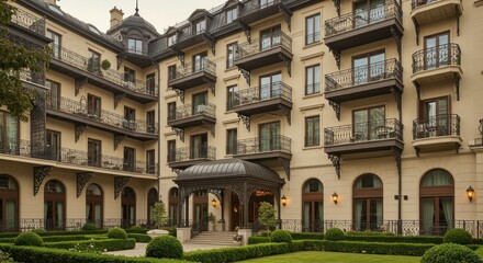 Fototapeta premium Elegant building with iron balconies awnings