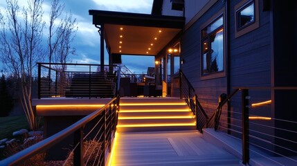 Fototapeta premium 67. Ambient lighting wrapped around railing of elevated patio
