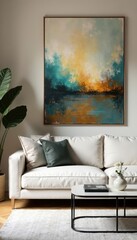 Linen sofa, glass coffee table, abstract art, muted palette , space, beige