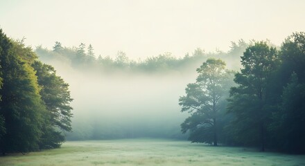Fototapeta premium Misty forest lake in early morning with reflection