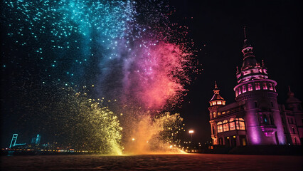 Fototapeta premium Spectacular Nighttime Fireworks Display Over Castle Against Dark Sky with City Skyline in Distance Wall Art