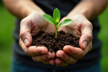 Close-up hands cupping delicate sprout, promoting environmental harmony, helping, reduce