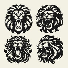 Naklejka premium Set of black and white flat vector illustrations featuring lion heads. Perfect for tattoos, logos, prints, or heraldic design.