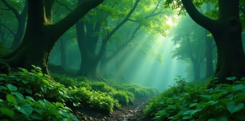 Dense emerald canopy, steamy air, lush undergrowth, wet, growth