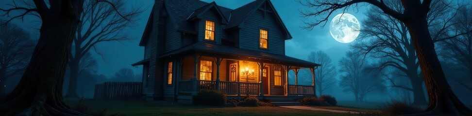 Eerie glow illuminates haunted house, cobwebs drape porch,  ghosts,  trees,  skeleton