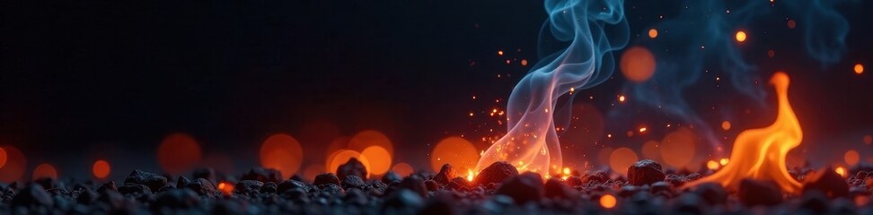 Flickering embers, delicate smoke trails on deep black backdrop , image, visual, design