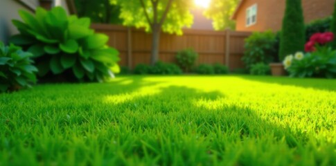 Emerald green lawn, freshly mowed, sunlit backyard , close-up, yard