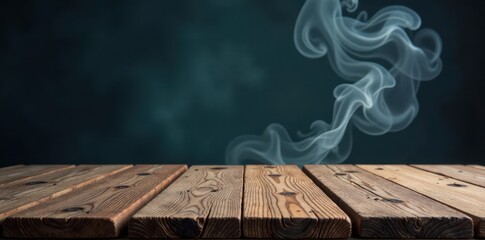 Empty rustic wooden table, swirling smoke, dark backdrop, vintage, fog