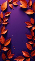 Intricate arrangement of burnt orange metallic leaves against a deep violet background , autumn, metal, background