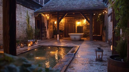 Fototapeta premium 96. Patio with ambient uplighting on rustic wooden beams