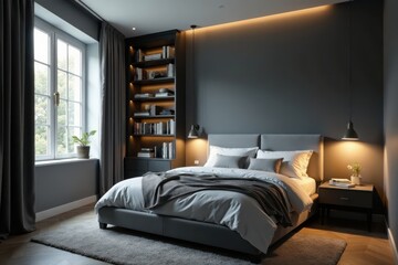 Moody grey bedroom, built-in bookcase, soft lighting, serene bedroom, calm bedroom, home staging