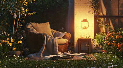 101. Cozy reading corner on patio with ambient lamp and chair
