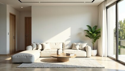 Minimalist living room, neutral tones, large windows, comfy cushions , decorative pillows, beige
