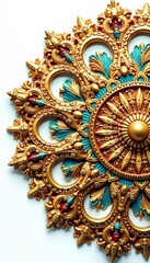 Ornate golden mandala radiating outwards on stark white backdrop, clipart, golden