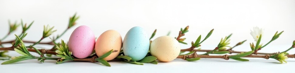 Pastel eggs nestled amongst delicate willow branches on white background, texture, minimal