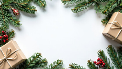 Rustic Christmas border; white & brown gifts, pine branches on white , rustic, seasonal