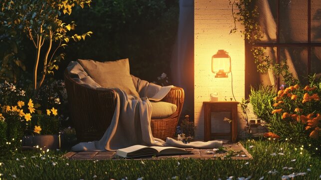 101. Cozy reading corner on patio with ambient lamp and chair