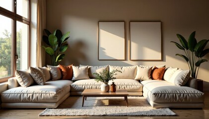 Soft light illuminates a comfy living space with plush seating & layered textures , home interior, blankets