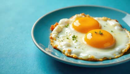 Sunny-side up fried eggs, yolk-centric, blue backdrop, yolk, cuisine