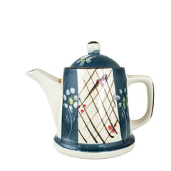 20250608017 Ornate blue and white ceramic teapot with floral design.