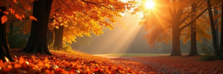 Warm sunlight filtering through vibrant autumn foliage , ray, nature, trail
