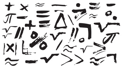 Set of hand drawing black math symbol, collection of mathematics glyph icons drawn in ink, hand drawn line art mathematical symbols vector, sloppy grunge plus and minus signs for students