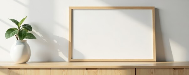 Wooden picture frame leaning on a light wood cabinet, Scandinavian setting , minimalist, home decor, still life