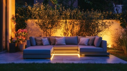 112. Garden patio sofa with throw pillows under ambient lights