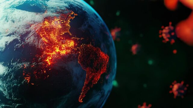 Global virus outbreak represented by red map with fiery effect