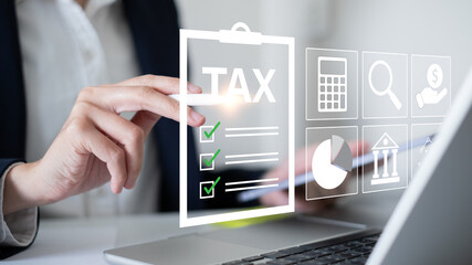 Businessman tax calculation accounting financial payment economy planning money income business concept digital government investment online analysis law return deduction revenue refund service