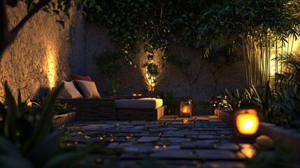 120. Small backyard patio setup with cozy ambient glow