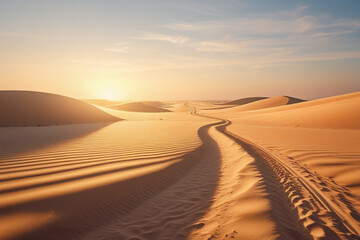 A vast, silent desert at sunrise, golden dunes stretching into the horizon, soft morning light casting long shadows, a solitary path winding through the sand, serene and tranquil mood