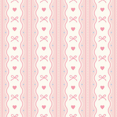 Coquette seamless pattern with vertical pink and cream stripes , decorative pink bows and heart and subtle blue polka dots background ideal for feminine designs..