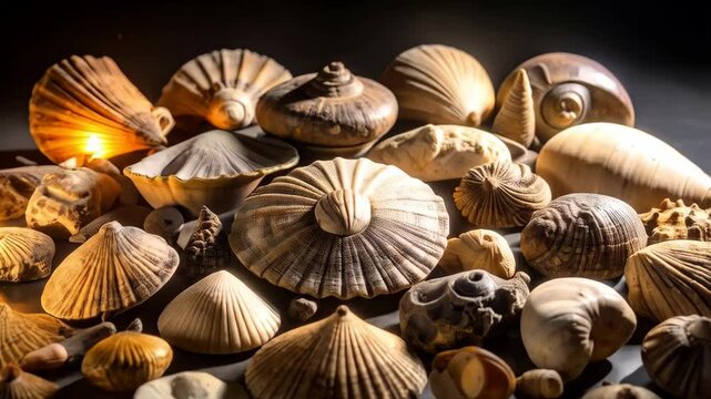 Arrangement of textured shells and glowing seashells on a dark surface, creating a decorative still life with seaside natural elements