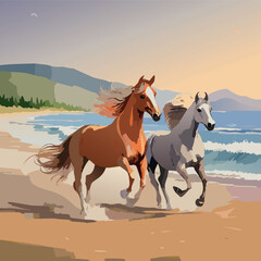 Obraz premium wild horses running on the beach,