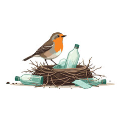 Bird and Shattered Bottle: A colorful bird perched atop a nest littered with glass bottles, symbolizing environmental awareness, and the fragility of ecosystems. 