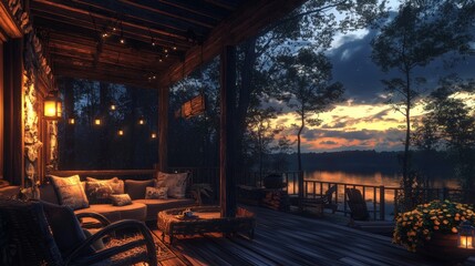 Obraz premium 143. Under deck patio with cozy furniture and ambient light