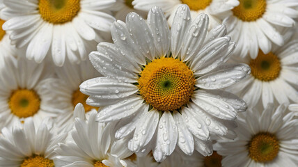 Close-up of Dew-Kissed Daisies A Stunning Floral Macro Photograph