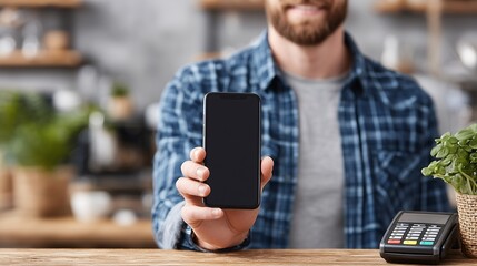Male hand showing smartphone mockup next to payment terminal
