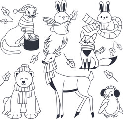 Fototapeta premium Winter Animal Illustrations. Characters in Cozy Outfits. Adorable Winter Animals with Warm Clothing. Vector line art.