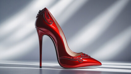 Elegant Red High-Heeled Pump with Intricate Metallic Detailing
