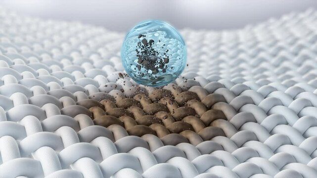 Water bubbles are absorbing and cleaning the dirt on the fabric fibers, 3d animation for washing machines and detergents
