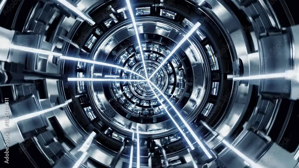 Leinwandbilder Exploration of futuristic tunnel with bright beams of light and metallic structures in a high-tech environment