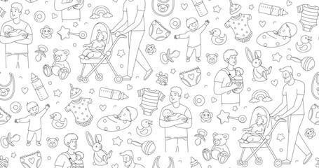 Father and Baby Pattern Line Art Baby Items and Parenting Illustration. Seamless Baby Care Background with Dads and Newborns Linear Style. Parenting Clipart Set Fathers Babies Baby Essentials Outline